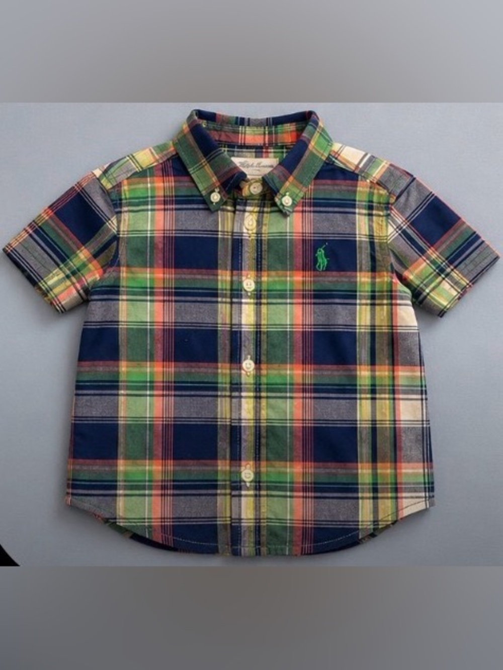 Ralph Lauren Boys' Short-Sleeve Plaid Button-Down Shirt - Navy, Green & Pink